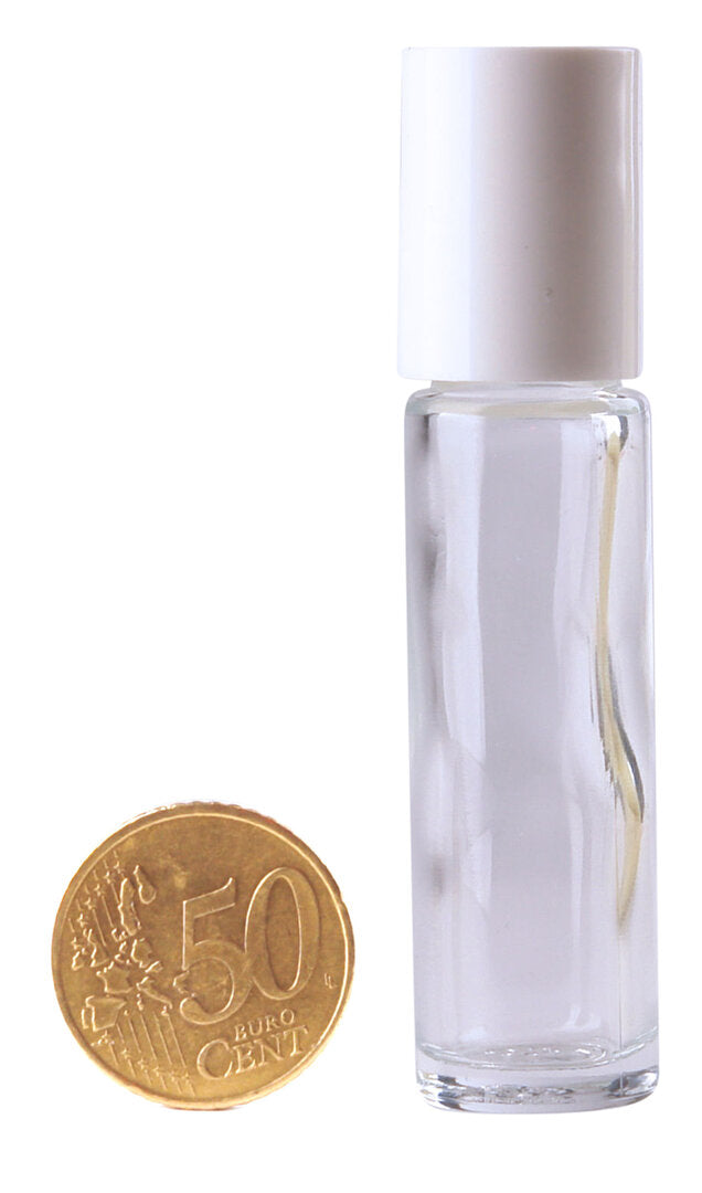Set of 5 Helios Holland clear glass roller bottles, 10ml with white caps, used for packaging or storing liquids.