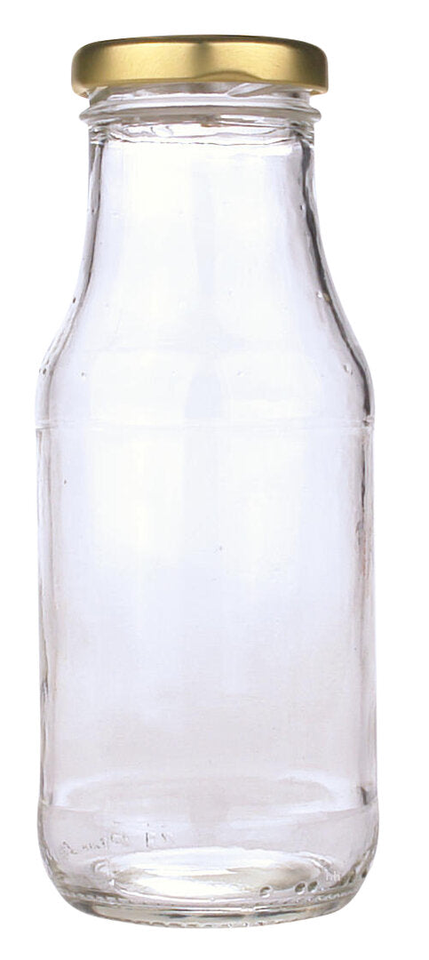 Set of 16 Helios Holland Sapfles glass jars, 250ml with twist-off gold caps, used as packaging material.