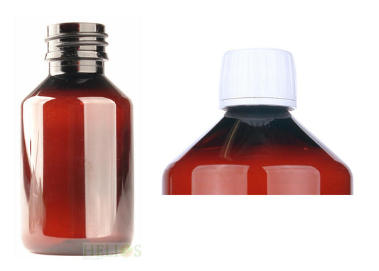 Set of 12 amber PET medicijnfles with white caps, 100ml, from Helios Holland, used for medication packaging.