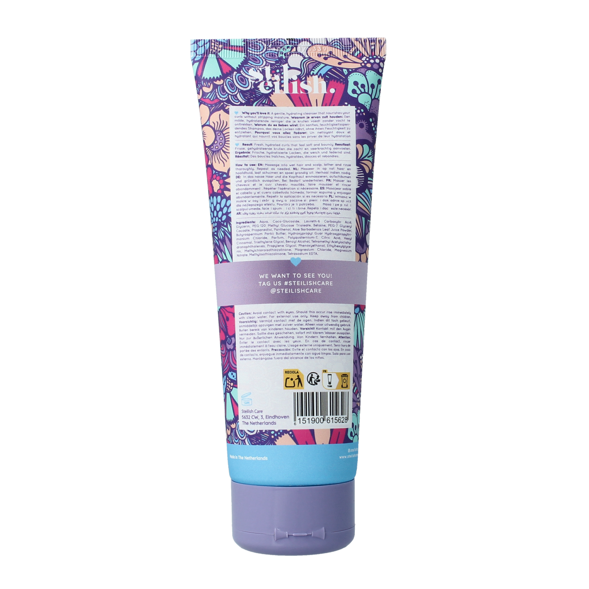 Steilish hydrating curl shampoo bottle, 250ml, in a sleek design for nourishing curly hair, shown on a white background.