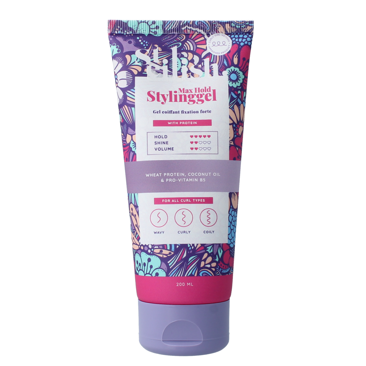 Steilish Curl Max Hold Styling Gel in 200ml, showcasing the gel's clear texture and packaging for strong, long-lasting curls.