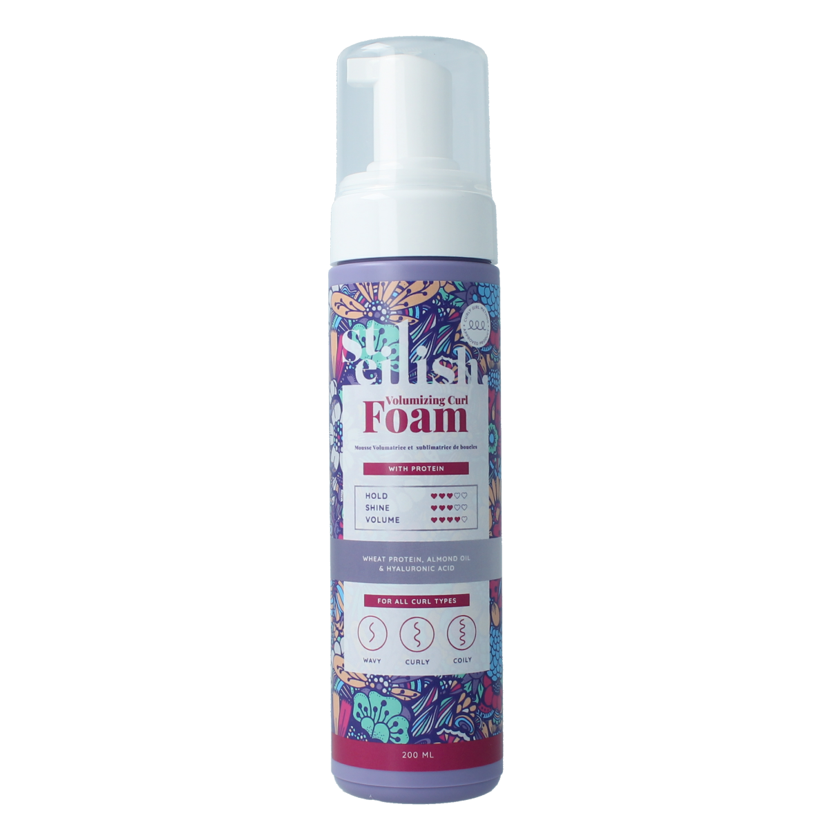 Steilish Curl Foam volumizing hair styling product in a 200ml bottle, designed to add volume and shape to curls.