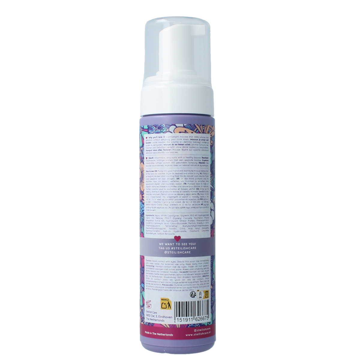 Steilish Curl Foam volumizing hair styling product in a 200ml bottle, designed to add volume and define curls.