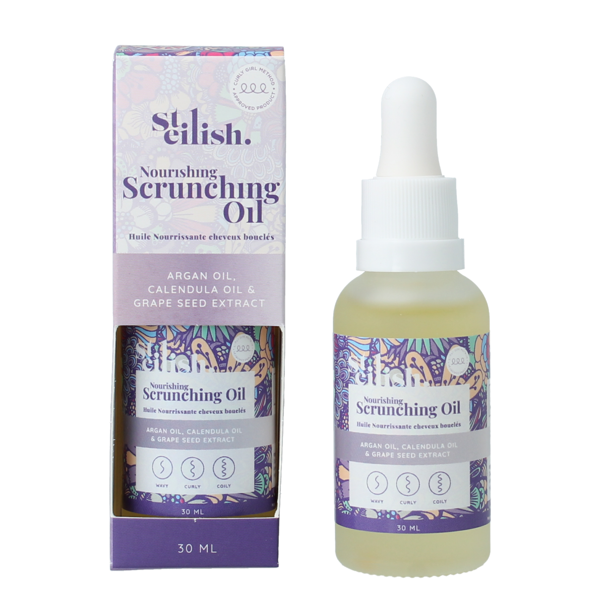 Steilish Nourishing Scrunching Oil bottle, 30ml, hair care product with a sleek packaging design.