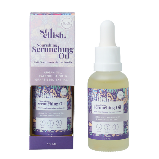 Steilish Nourishing Scrunching Oil bottle, 30ml, hair care product with a sleek packaging design.