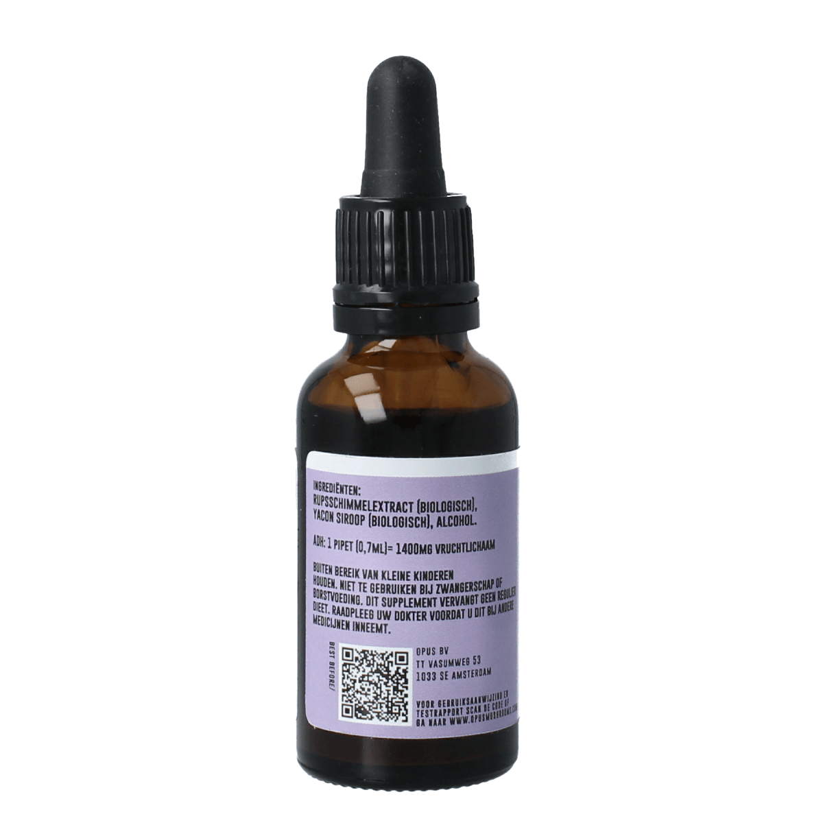 Opus Mushrooms Cordyceps sinensis bio herbal extract in a 30ml bottle, part of Kruidenpreparaten supplement range.