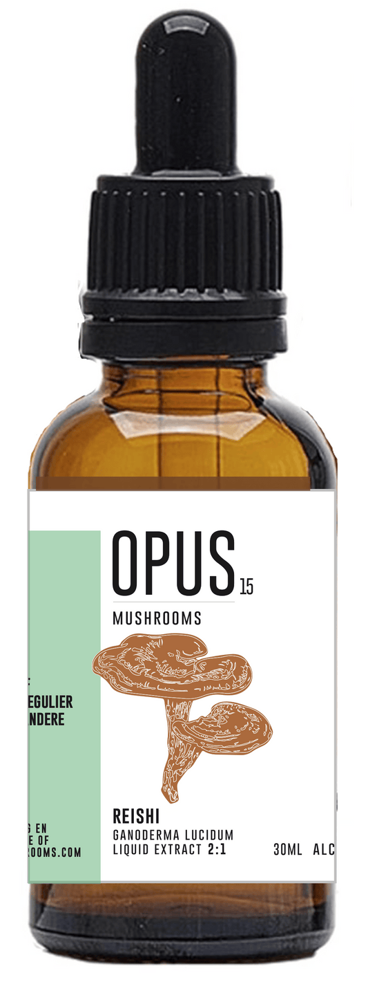 Opus Mushrooms Reishi 2:1 bio herbal tincture in a 30ml bottle, featuring Reishi mushroom extract for wellness.