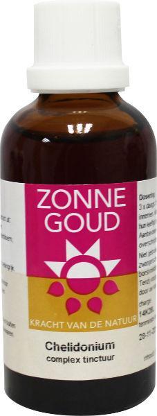 Zonnegoud Chelidonium complex herbal remedy in 50ml bottle, part of Kruidenpreparaten collection, with herbal ingredients visible.