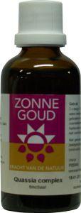 Zonnegoud Quassia complex herbal supplement in a 50ml bottle, part of Kruidenpreparaten collection, with a green label and dropper cap.