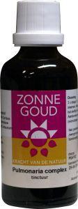 Zonnegoud Pulmonaria complex herbal supplement bottle, 50ml, in a natural setting with herbal ingredients visible.