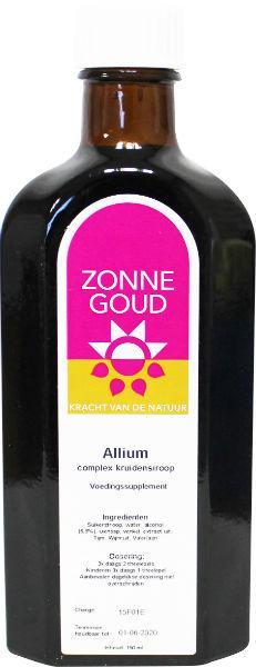 Zonnegoud Allium siroop in 150ml bottle, herbal remedy from Zonnegoud kruidenpreparaten with garlic extract, front view.