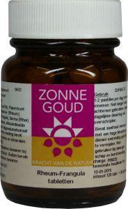 Zonnegoud Rheum Frangula herbal tablets in a bottle, natural remedy for digestive health, Kruidenpreparaten product.