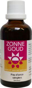 Zonnegoud Pau d'Arco simplex kruidenpreparaat in 50ml bottle, natural herbal supplement with brown liquid in a glass dropper bottle.