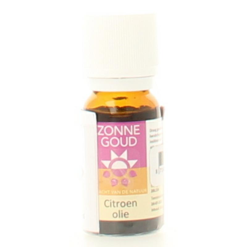Zonnegoud Citroen etherische olie in 10ml bottle, natural essential oil with lemon citrus scent, clear glass container with yellow liquid.