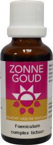 Zonnegoud Foeniculum complex oogverzorging in een 30ml fles met natuurlijke ingrediënten en een blauwe dop.