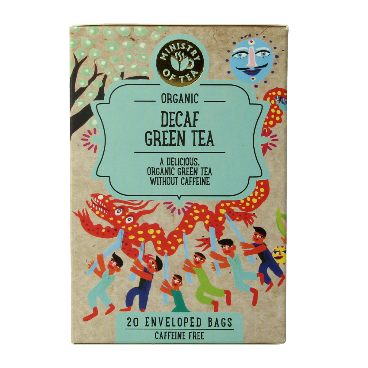 Decaf green tea bio from Ministry Of Tea in 20 tea bags, showcasing fresh green tea leaves in a natural, eco-friendly packaging.