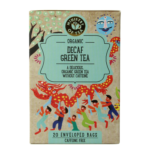 Decaf green tea bio from Ministry Of Tea in 20 tea bags, showcasing fresh green tea leaves in a natural, eco-friendly packaging.