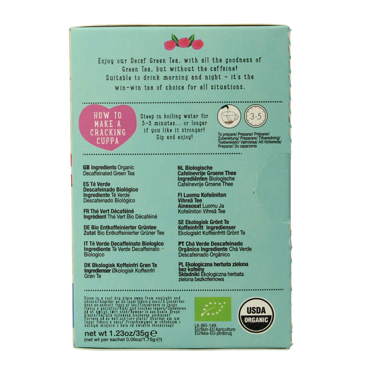 Decaf organic green tea from Ministry Of Tea in a box of 20 tea bags, fresh and aromatic, suitable for brewing.