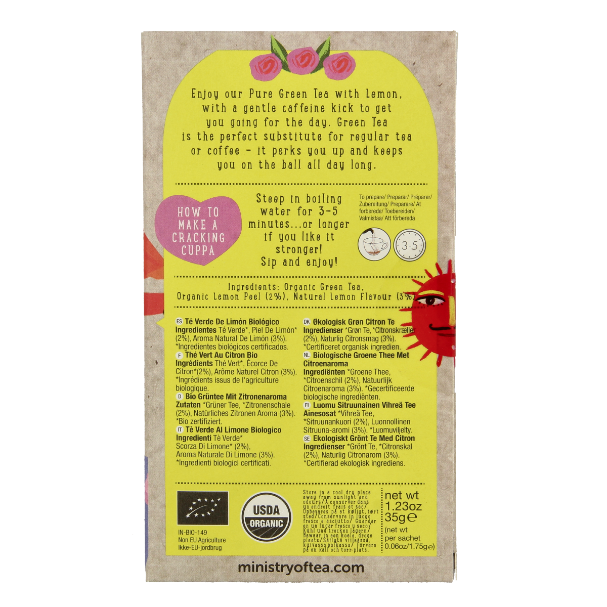 Organic lemon green tea by Ministry Of Tea with 20 tea bags, featuring fresh lemon flavor and vibrant green tea leaves.