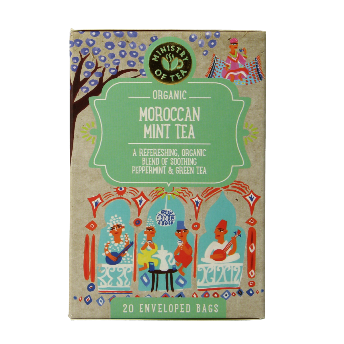 Organic Moroccan mint tea by Ministry Of Tea in a box of 20 tea bags, fresh mint leaves and tea infuser packaging.