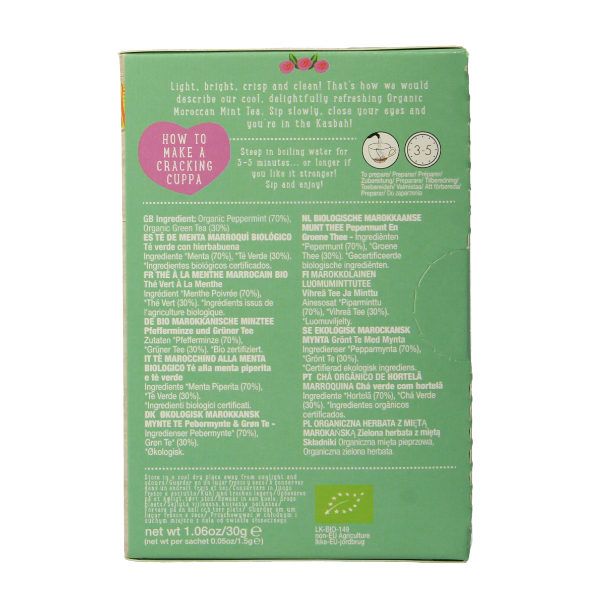 Organic Moroccan mint tea by Ministry of Tea in a box with 20 tea bags, fresh mint leaves and tea infuser visible in the image.