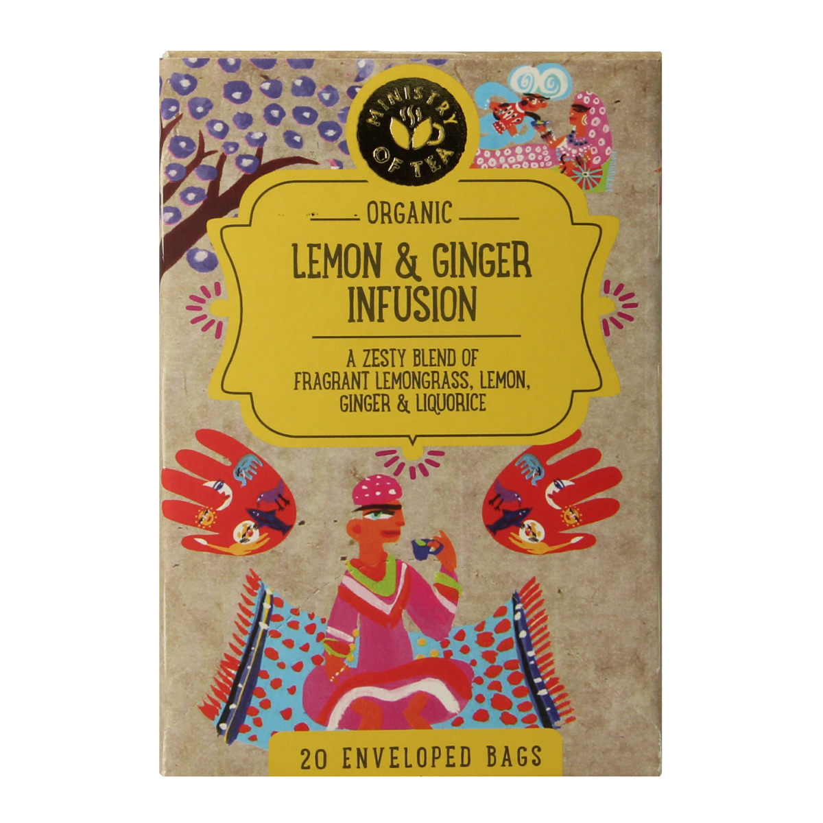 Organic Ministry of Tea Lemon & Ginger tea bags, 20-count, showcasing fresh lemon and ginger slices in a clear box.