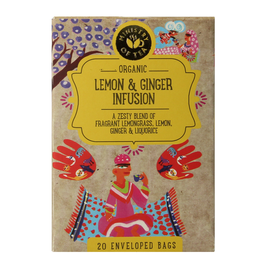 Organic Ministry of Tea Lemon & Ginger tea bags, 20-count, showcasing fresh lemon and ginger slices in a clear box.