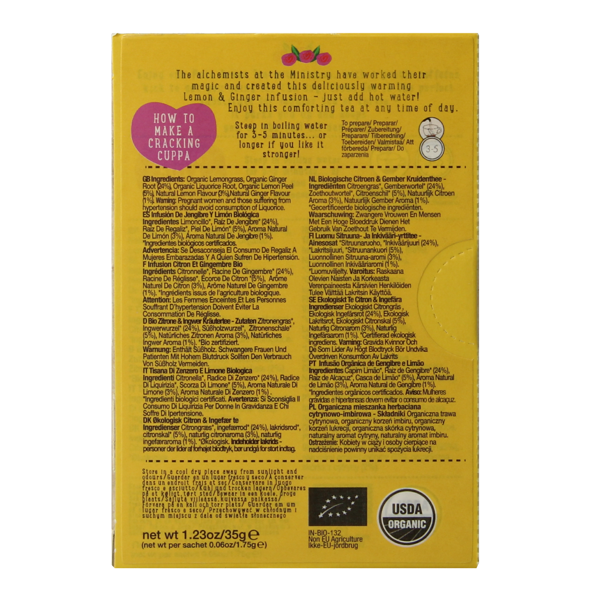 Organic Ministry Of Tea Lemon & Ginger tea bags, showcasing 20 bio sachets with fresh lemon and ginger flavor.