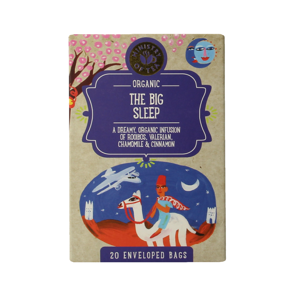 Organic The Big Sleep herbal tea by Ministry Of Tea in 20 tea bags, featuring calming ingredients for relaxation.