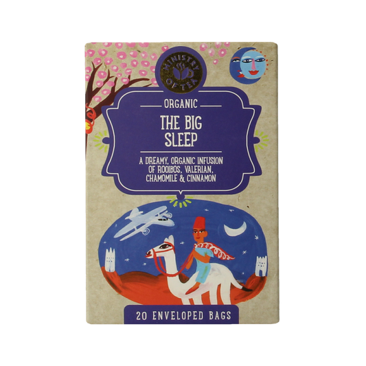 Organic The Big Sleep herbal tea by Ministry Of Tea in 20 tea bags, featuring calming ingredients for relaxation.