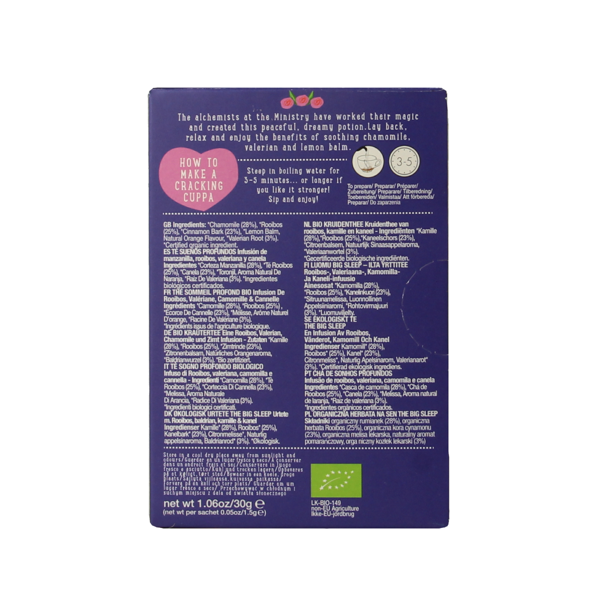 Organic "The Big Sleep" tea bags by Ministry of Tea, featuring 20 sleep-enhancing herbal tea sachets in a natural setting.