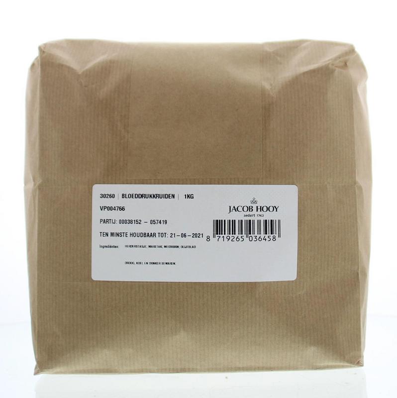 Jacob Hooy Bloeddrukkruiden in a 1kg bag, a herbal mixture used for supporting healthy blood pressure.