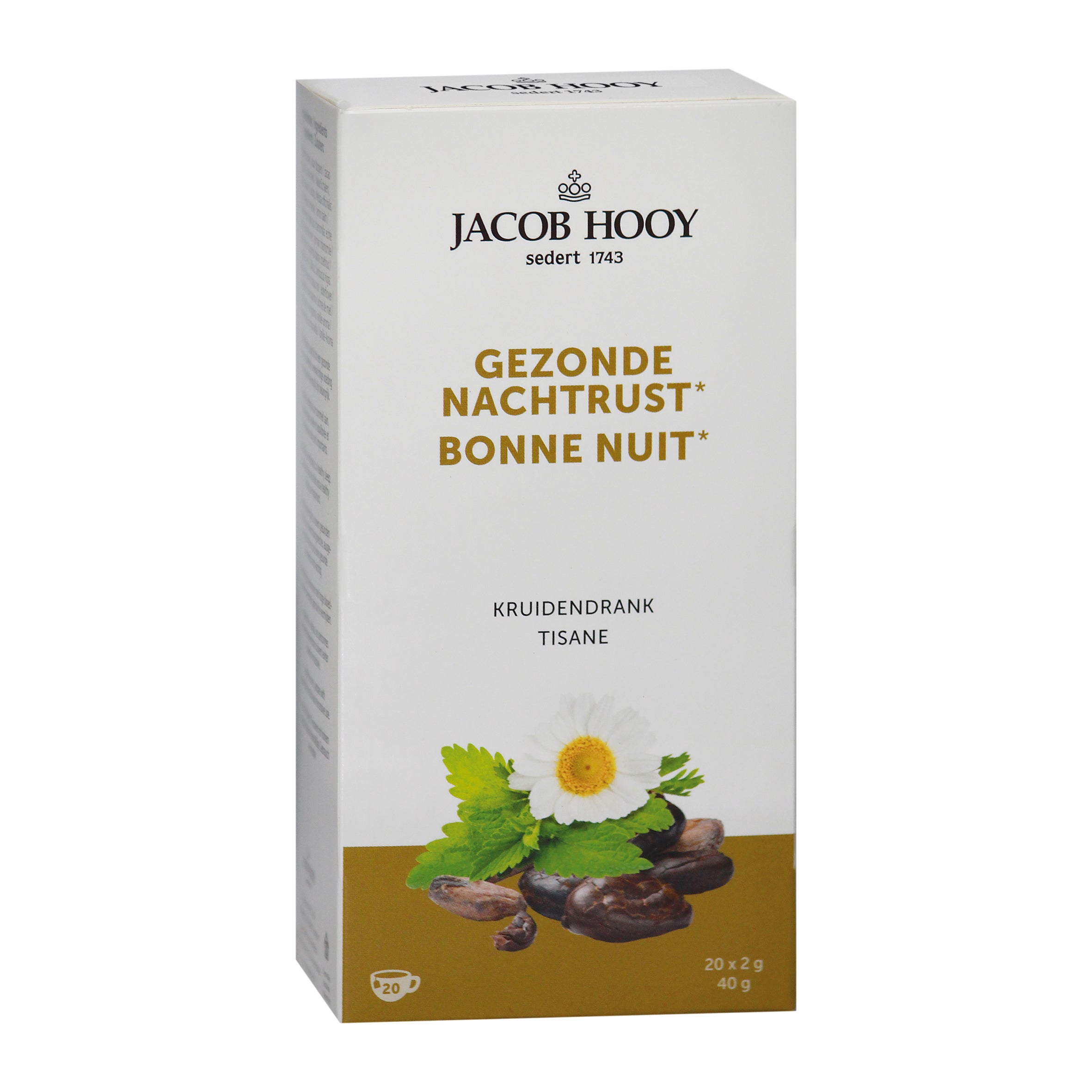 Jacob Hooy Gezonde Nachtrust thee in a box of 20 tea bags, featuring herbal ingredients for a calming bedtime drink.