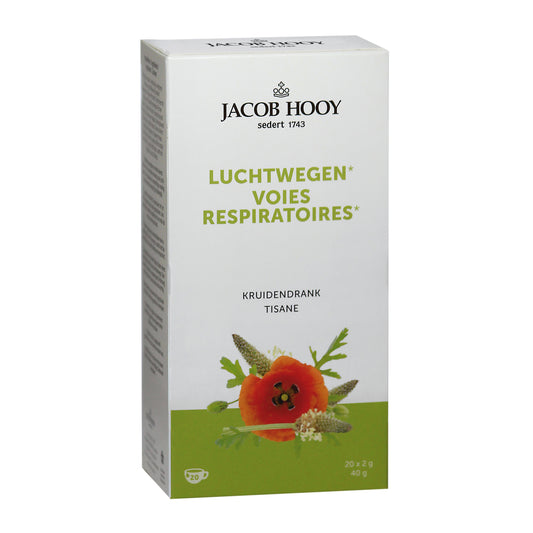 Jacob Hooy Gezonde Luchtwegen thee, 20 tea bags, herbal tea blend for respiratory health, in packaging with tea bags visible.