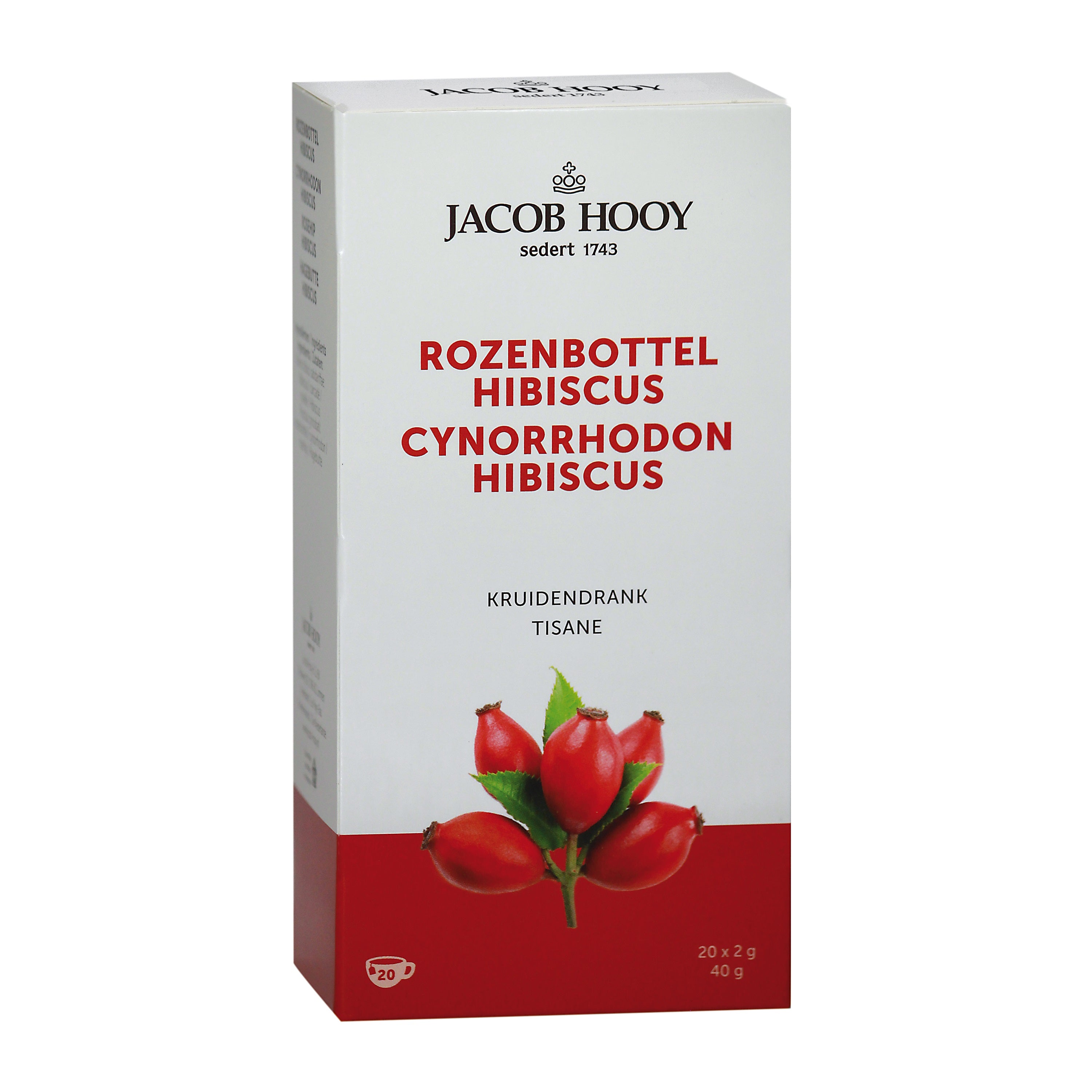 Jacob Hooy Rozenbottel hibiscus tea bags, 20-pack, showing the colorful tea bags in packaging from the Jacob Hooy brand.
