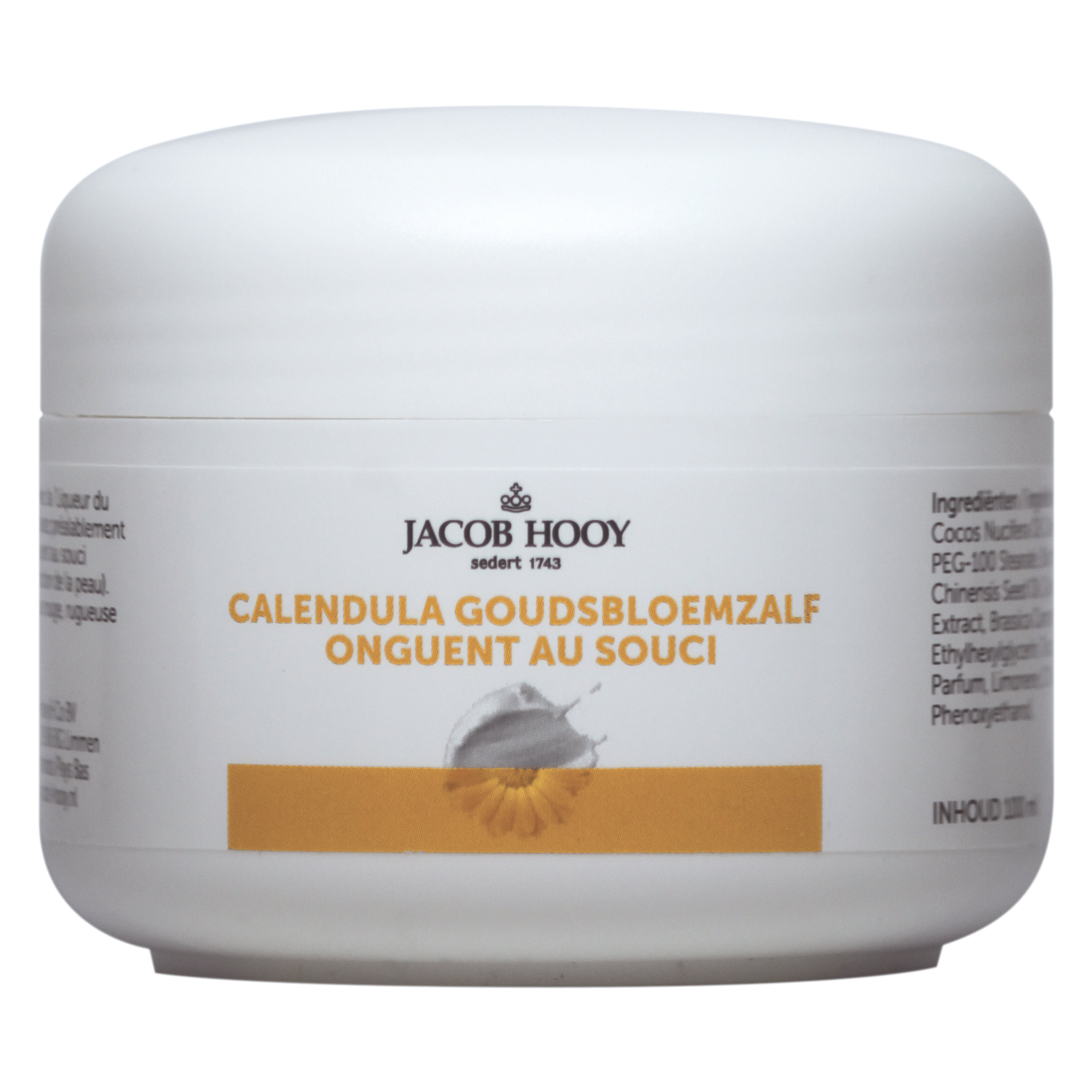 Jacob Hooy Calendula goudsbloemzalf in a 100g jar, natural body care product with calendula flowers and herbal ingredients.