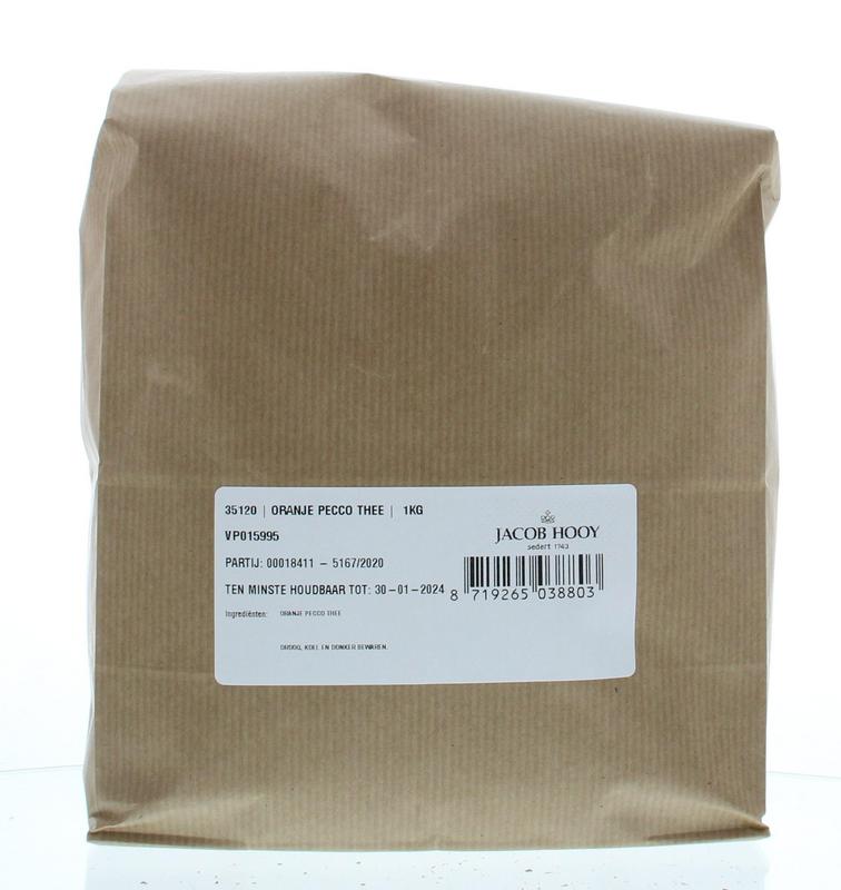 Jacob Hooy orange pecco tea 1kg, loose herbal tea in a clear jar with orange peel pieces, natural and aromatic.