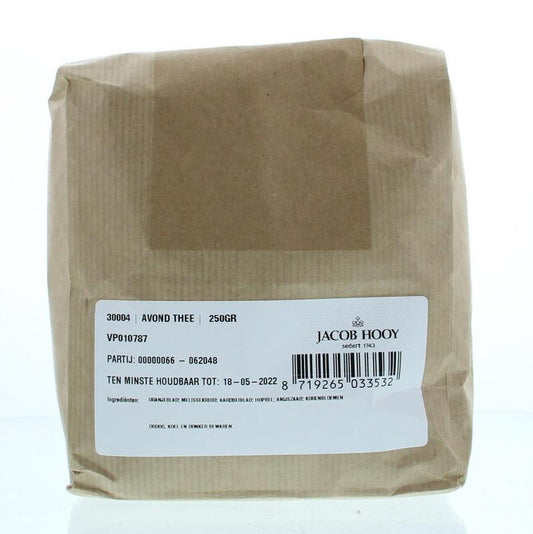 Jacob Hooy Avondthee in 250g package, a herbal tea blend for relaxing evenings, shown in a clear image.