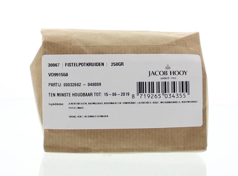 Jar of Jacob Hooy Fistelpotkruiden herbal mix in a glass jar with a label, 250 grams, used for cooking and herbal remedies.