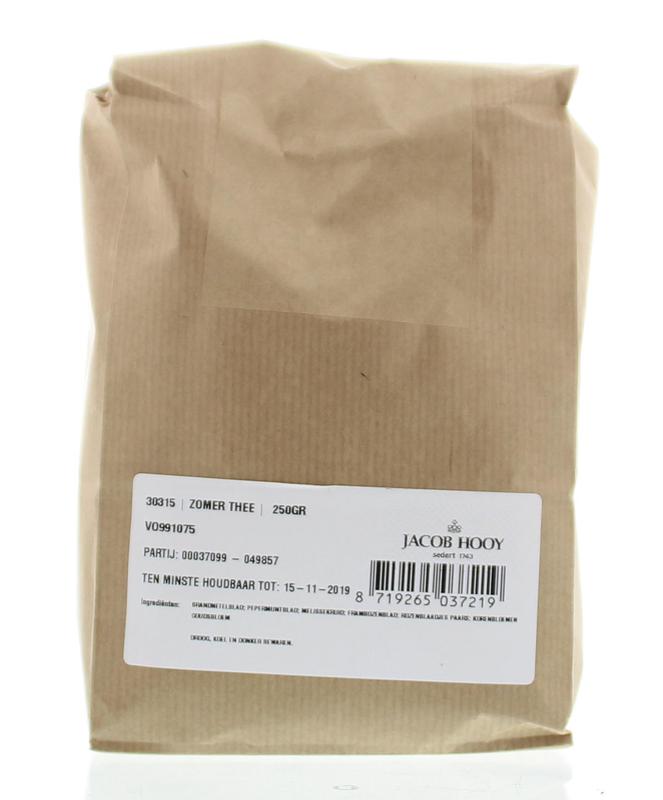 Jacob Hooy Zomerthee in a 250g package, featuring a box of herbal summer tea with dried herbs and flowers.