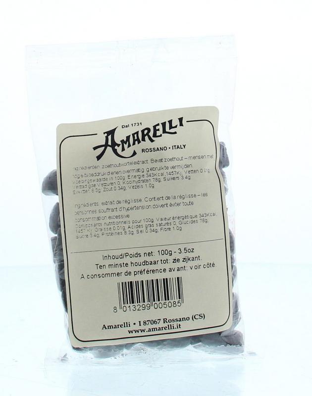 Amarelli Laurierdrop zakje brokjes, 100g, showing small licorice candies in a clear plastic bag.