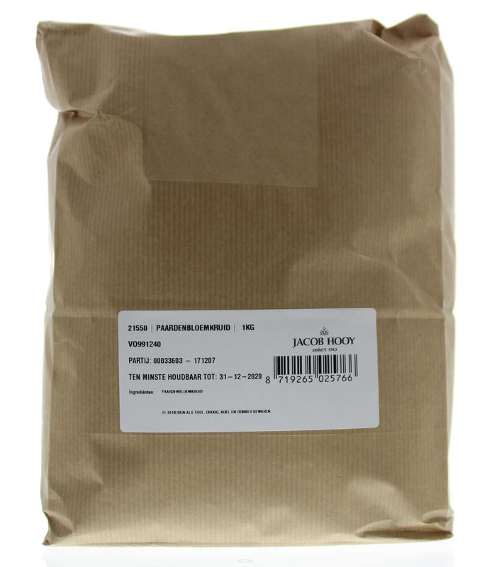 Dried chopped Jacob Hooy paardenbloemkruid in a 1kg bag, used as herbal seasoning and natural remedy in herbal and food blends.