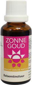 Zonnegoud Balsemtinctuur herbal remedy in a 30ml bottle, part of Zonnegoud kruidenpreparaten line, with herbal packaging visible.