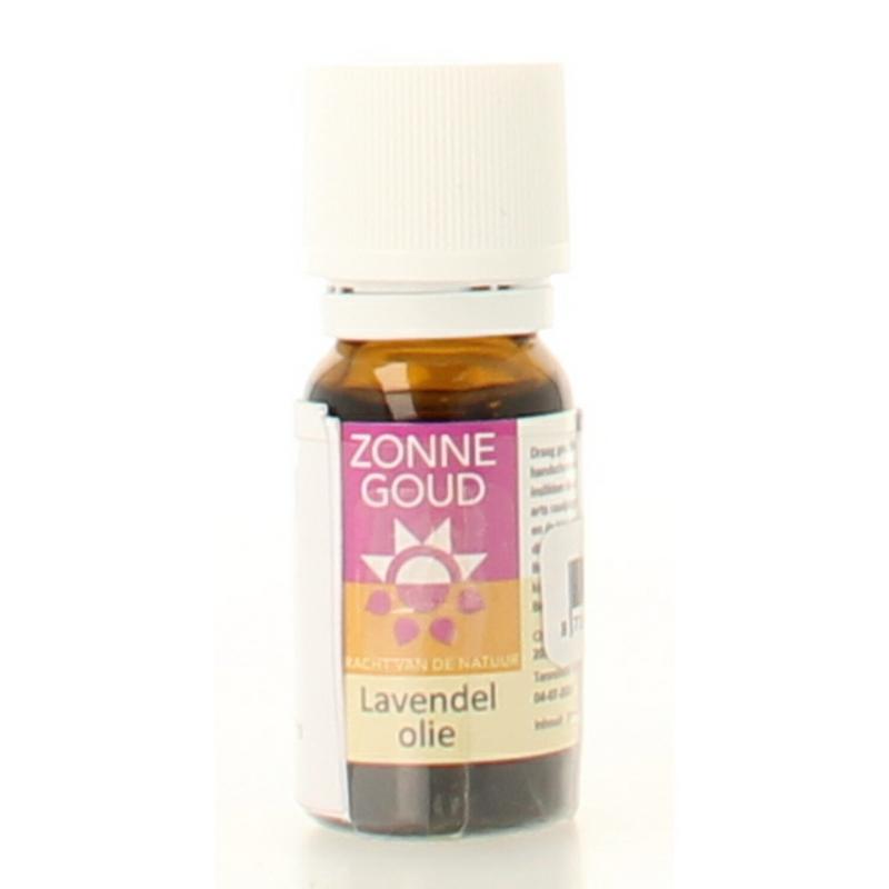Zonnegoud Lavendel etherische olie 10ml in a glass bottle, showing the lavender scent and product label.
