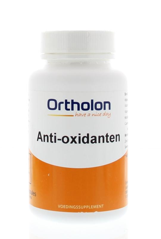 Ortholon Anti-oxidanten vegetarian vitamin capsules in a bottle, showing colorful capsules inside.