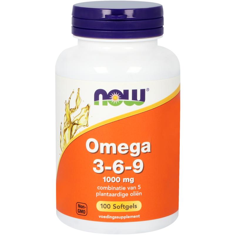 NOW Omega 3-6-9 softgels in a bottle, showing 100 softgel capsules of omega fatty acids, Vetzuren supplement for heart health.