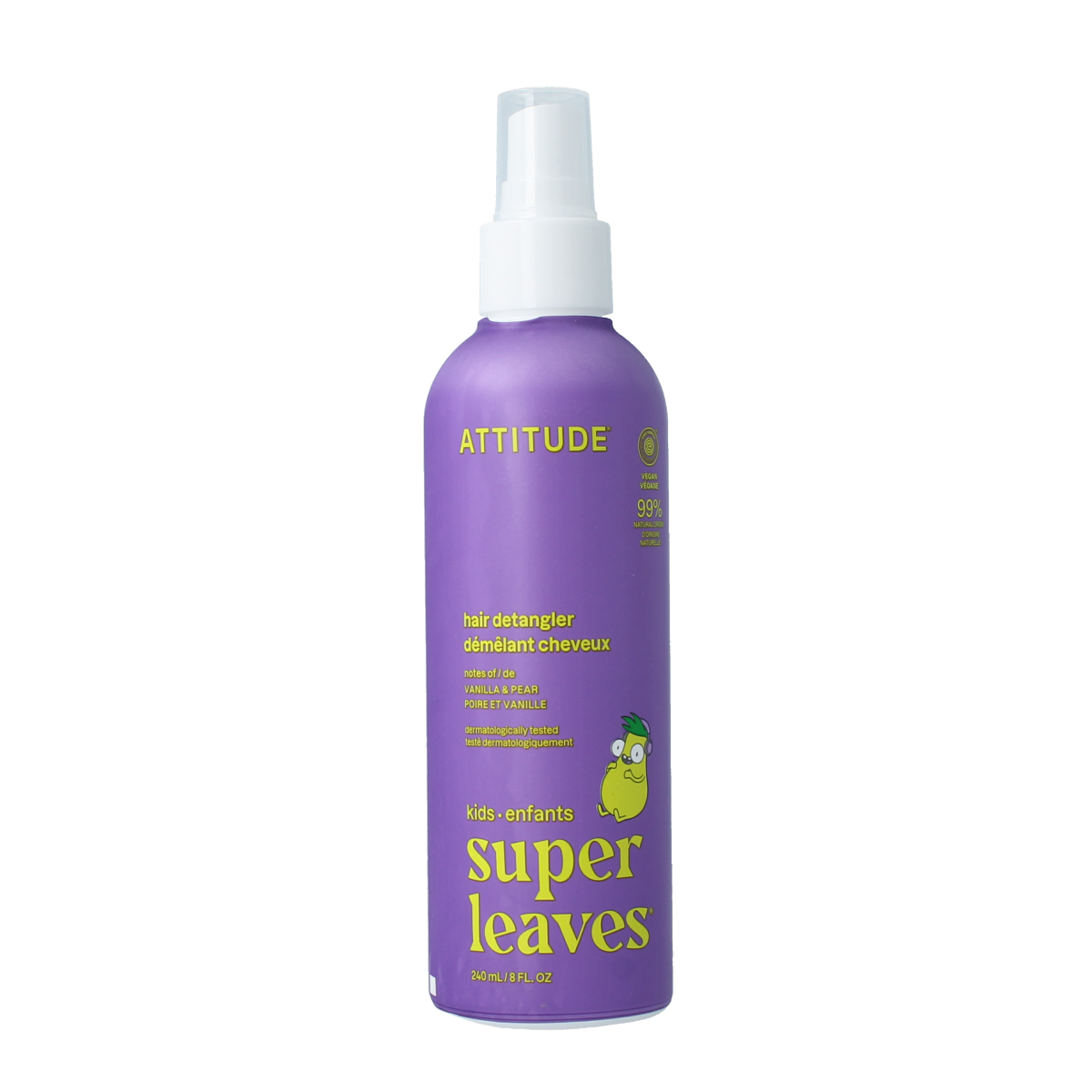 Attitude Kids anti-klit haarspray with vanilla and pear scent, 240ml, hair styling product for children.