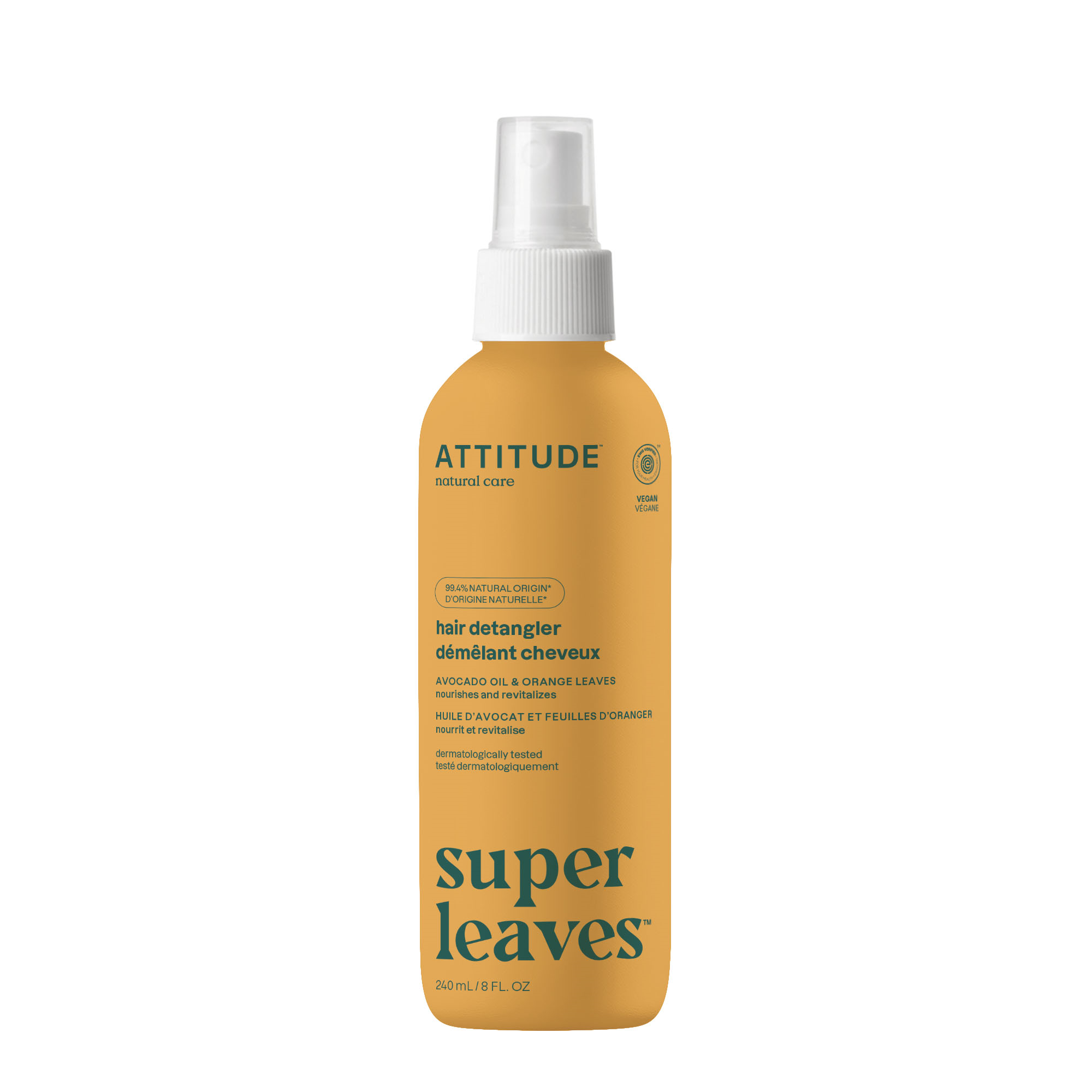 Attitude Super Leaves anti-ktit haarspray with orange leaves, 240ml bottle, hair styling product in a spray bottle with orange leaf design