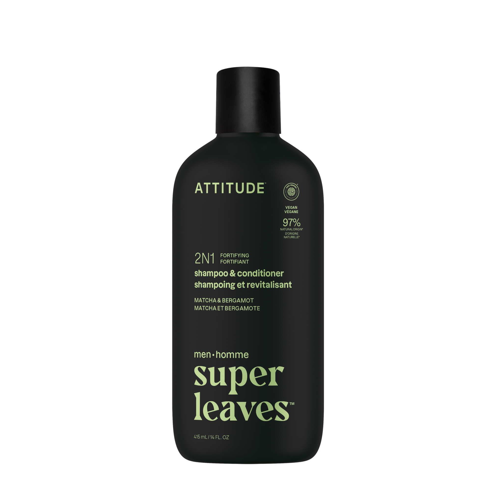 Attitude Men 2-in-1 shampoo and conditioner with bergamot and matcha, 415ml, showcasing the product bottle and packaging.