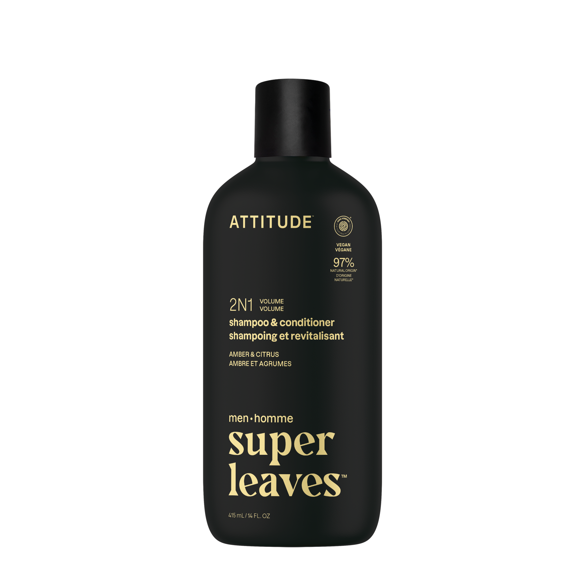 Attitude Men 2-in-1 shampoo and conditioner in amber and citrus for hair care, 415ml bottle, natural hair grooming product